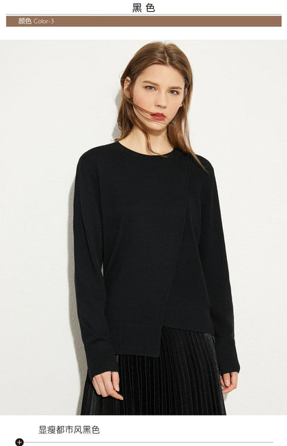 Damenpullover mit Rundhalsausschnitt, langarm, schwarzer Strick