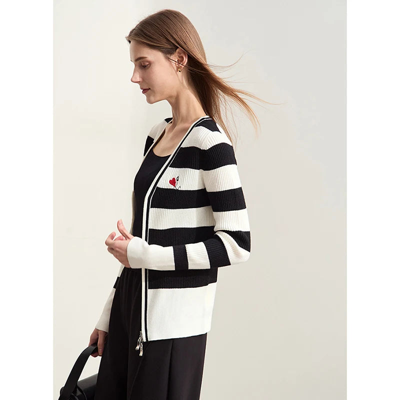 Damen-Strickjacke Kaschmir-Wolle Slim Streifen Reißverschluss Herbst