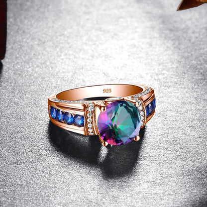 Damen-Ring aus Roségold mit Mystic Topas Regenbogen 8mm Rundschliff Verlobungsring Geschenk