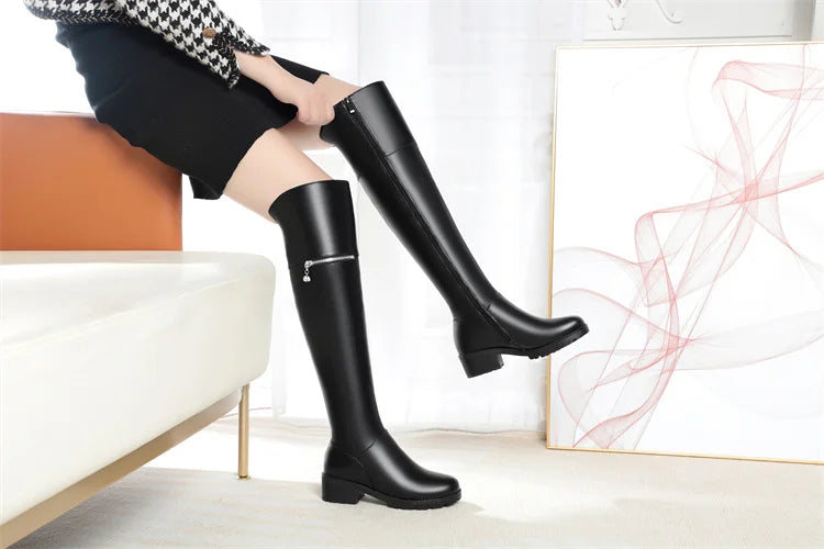 AIYUQI Women's Over Knee Boots Winter Fashion Middle Heel Fur Long Boots Women Genuine Leather Rider Boots Ladies