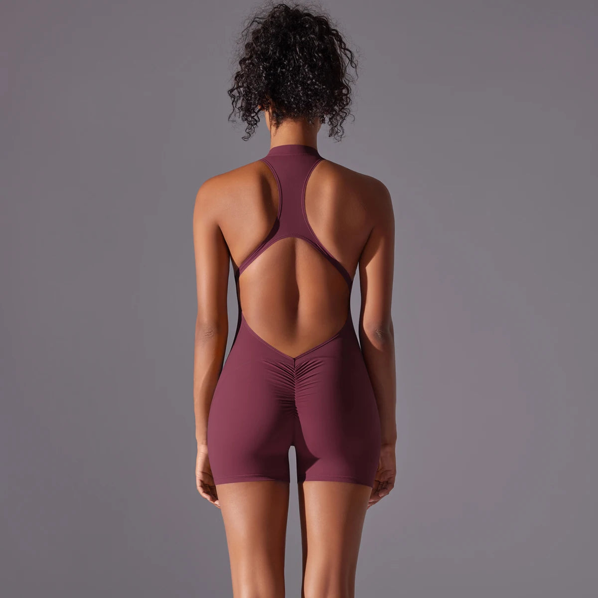 Damen-Stretch-Body mit Reißverschluss, bordeauxrot, Rückansicht mit Racerback.