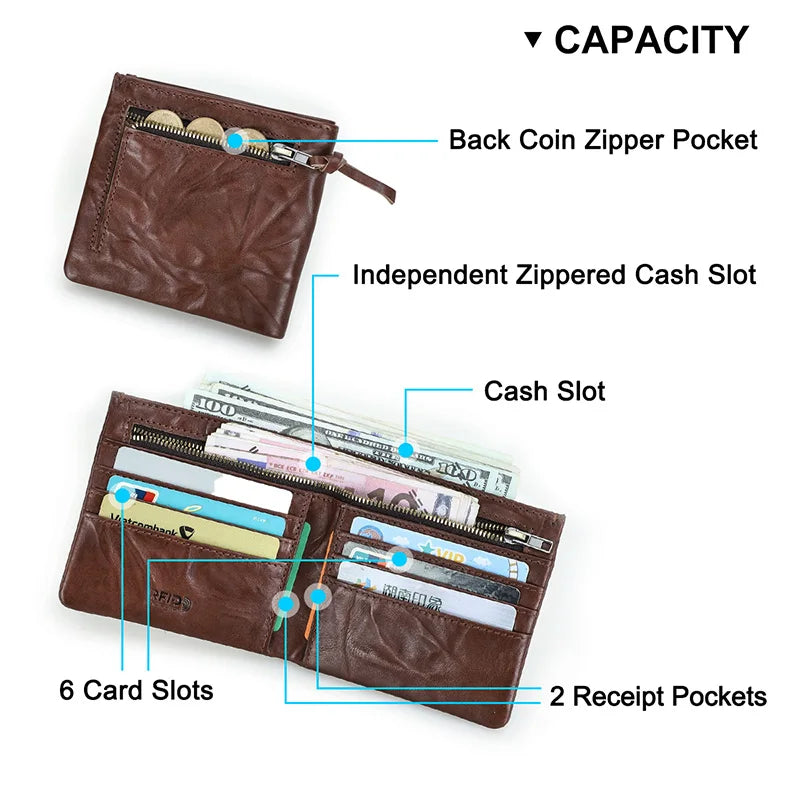 Herren Echtleder Geldbörse Vintage RFID Bifold Kurzgeldbörse 6 Kartenfächer Business