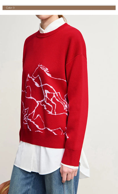 Damen-Rundhalspullover Tier-Jacquard locker Langarm Winter