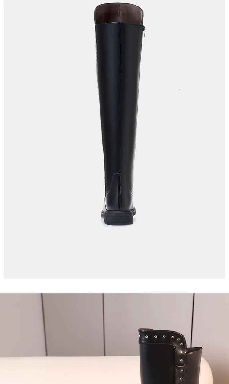 Over The Knee Boots Ladies Winter Wool Warm Genuine Leather Shiny Fashion Ladies Knee Boots Large Size Female Riding Boots
