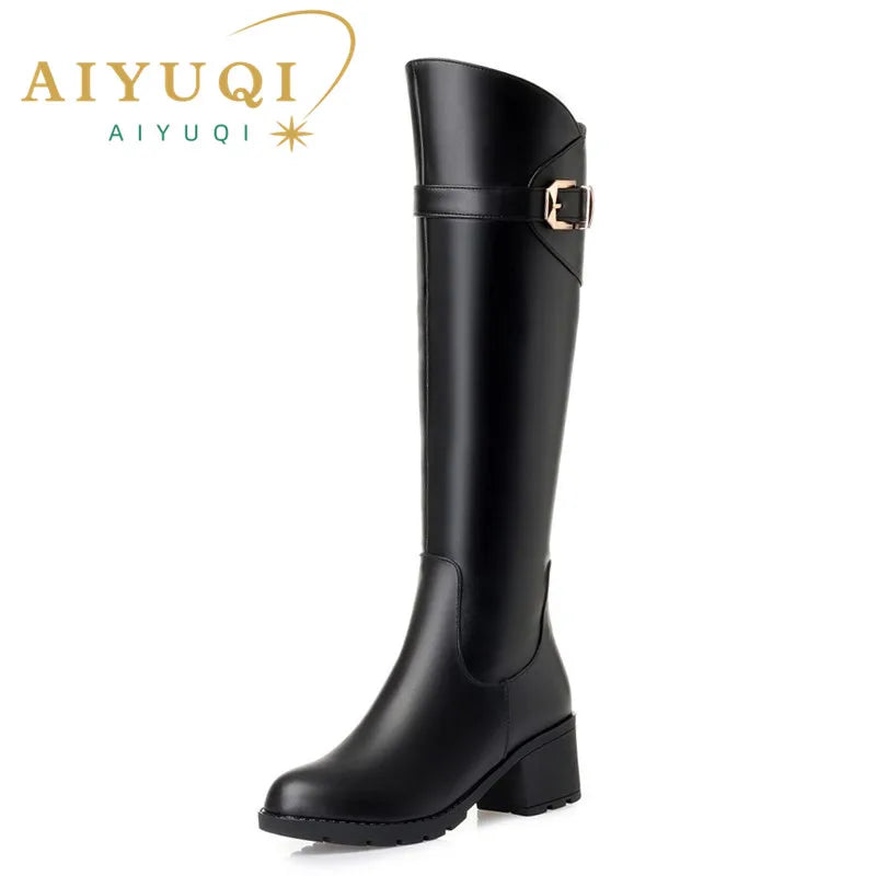 Schwarze hohe Damenstiefel mit Schnalle und Blockabsatz, runder Spitze, Lederoptik