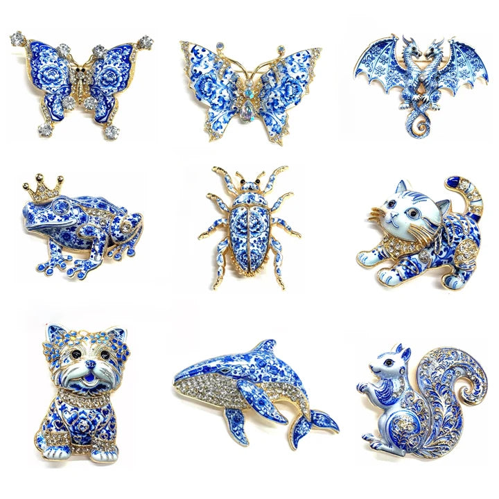 Brosche Emaille Porzellan Drache Schmetterling Frosch Krabbe Tier Reversnadel