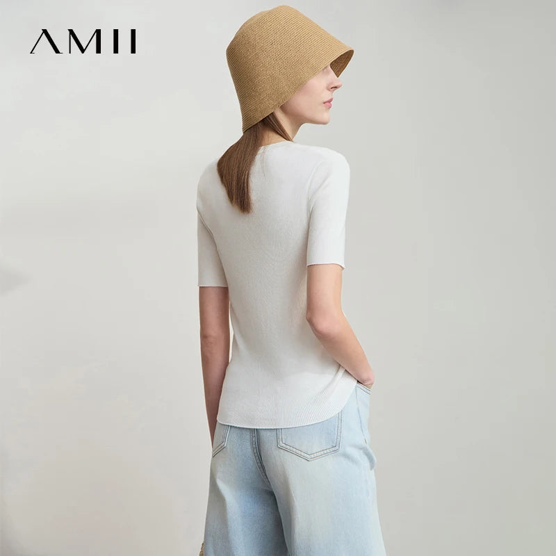 Damen-Rundhalspullover Lyocell Slim Kurzarm figurschmeichelnd Sommer