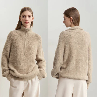 Damen-Rollkragenpullover Reißverschluss Nerz-Optik locker Winter