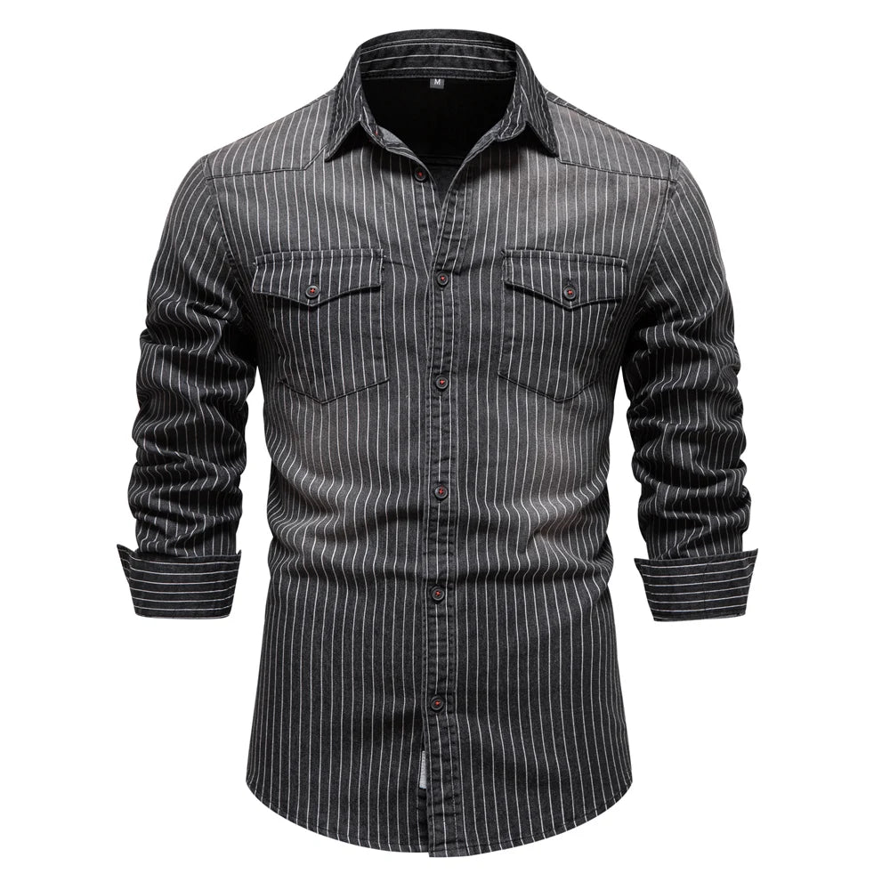 Herren Denim Shirts aus Baumwolle mit Streifen und langem Arm