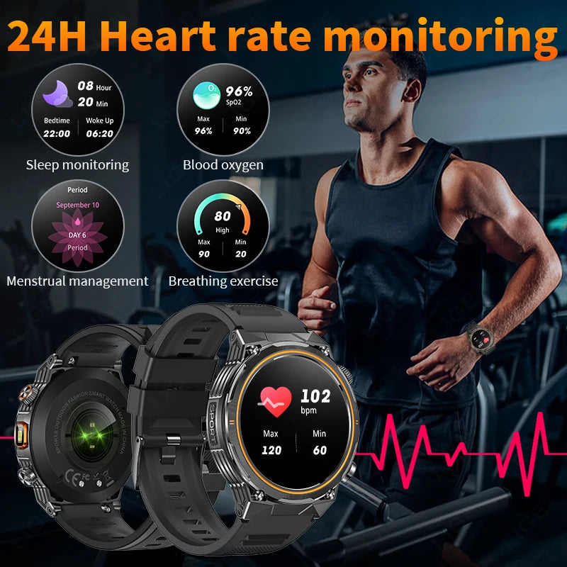 Männer Smartwatch mit Fitness Tracker und wasserdichter Taschenlampe für Outdoor Aktivitäten