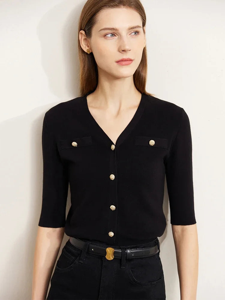 Damen-Strickjacke Baumwolle Slim Halbarm V-Ausschnitt Büro Frühling