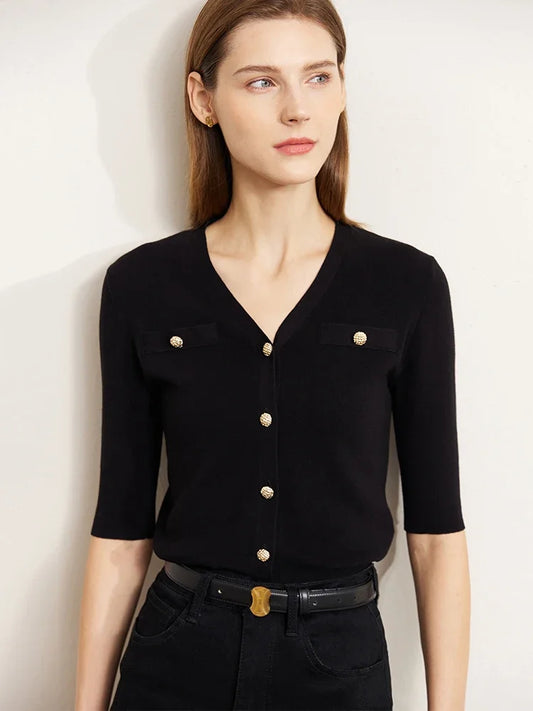 Damen-Strickjacke Baumwolle Slim Halbarm V-Ausschnitt Büro Frühling