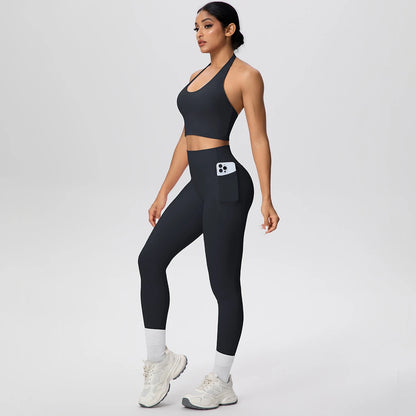 Schwarzes Yogaset für Frauen: Sport-BH und lange Leggings, Handyfach vorn