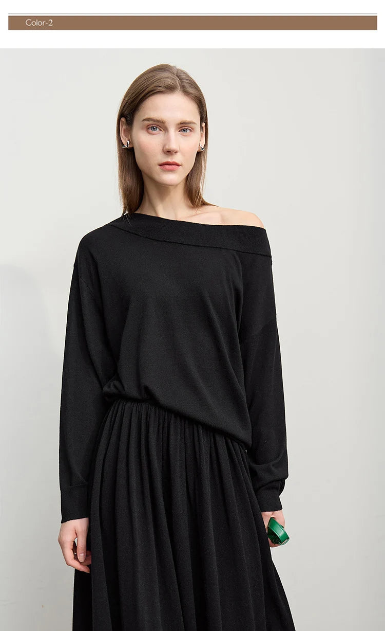 Schwarzer Schulterfreier Strickpullover mit langen Ärmeln, lockere Passform und geraffter Taille