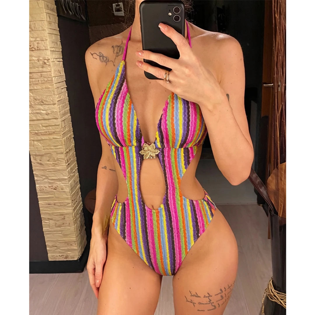 Damen Badeanzug gestreift bunt Neckholder Cut-Out hoher Beinausschnitt Monokini
