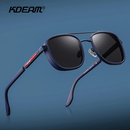 Vollrand-Sonnenbrille mit dunkelgrauen, runden Gläsern und blauem TR90-Gestell