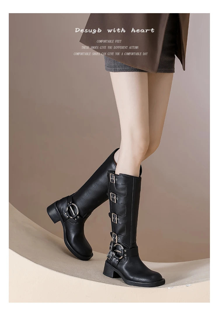 AIYUQI Women Cowboy Boots 2025 Autumn New Belt Buckle Women Marton Boots British Style Large Size 41 42 43 Women Long Boots