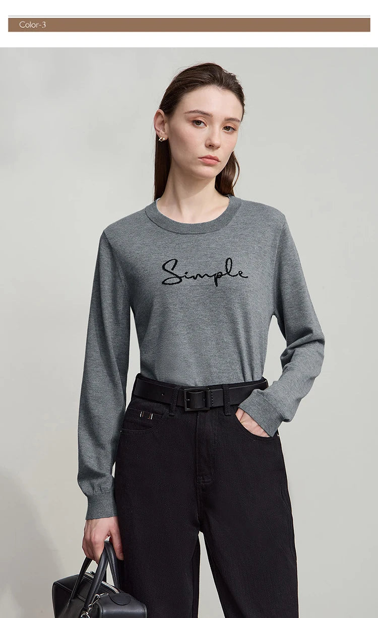 Langarm-T-Shirt mit Rundhalsausschnitt in Grau, „Simple“-Schriftzug auf der Brust