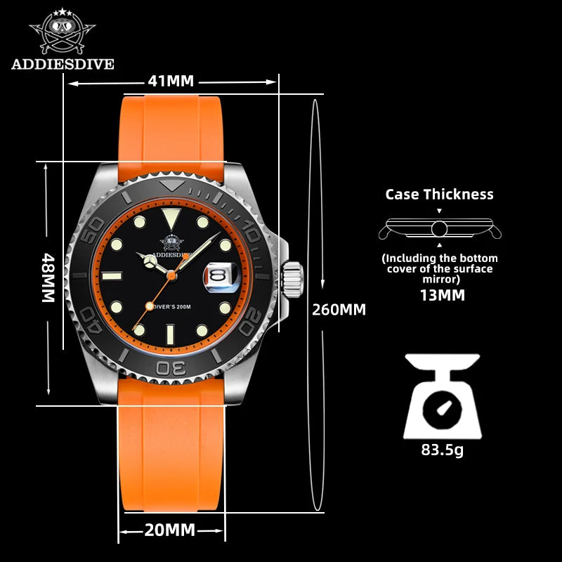 ADDIESDIVE 41mm AD2040 Sports Diver Watch TPU rubber belt Blue Luminous Reloj Hombre 200m Waterproof Quartz Watches