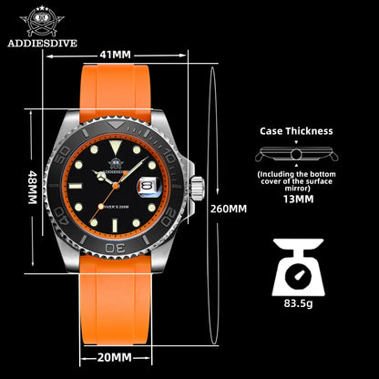 ADDIESDIVE 41mm AD2040 Sports Diver Watch TPU rubber belt Blue Luminous Reloj Hombre 200m Waterproof Quartz Watches