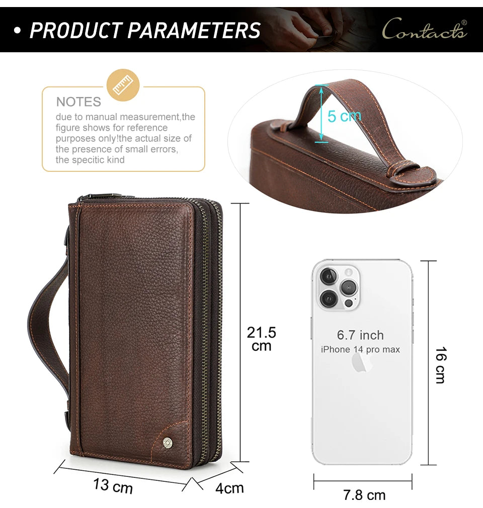 Braune Leder-Clutch-Geldbörse mit Reißverschluss, schmaler Form und Trageriemen