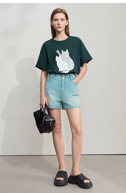 Damen Top im minimalistischen Stil mit O-Ausschnitt und bedrucktem Design