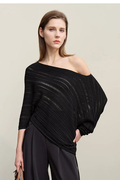 Schwarzer off-shoulder Strickpullover mit langen Ärmeln und schrägem Ausschnitt
