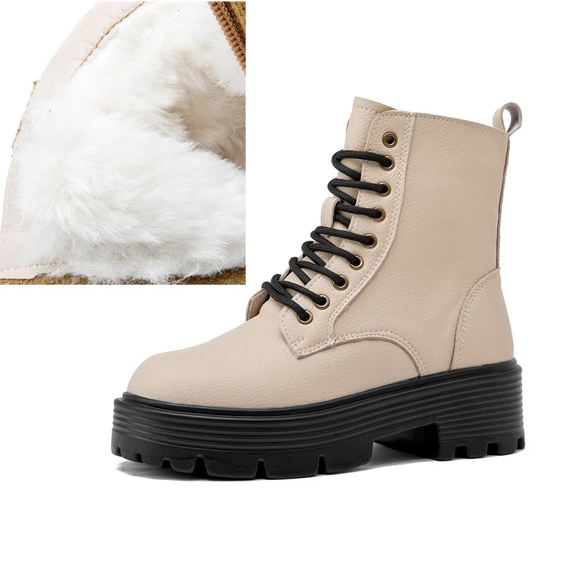 Damen-Winterstiefel hellbeige mit Schnürung, dicker Profilsohle und Ösen, mit kurzem Futter