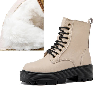 Damen-Winterstiefel hellbeige mit Schnürung, dicker Profilsohle und Ösen, mit kurzem Futter