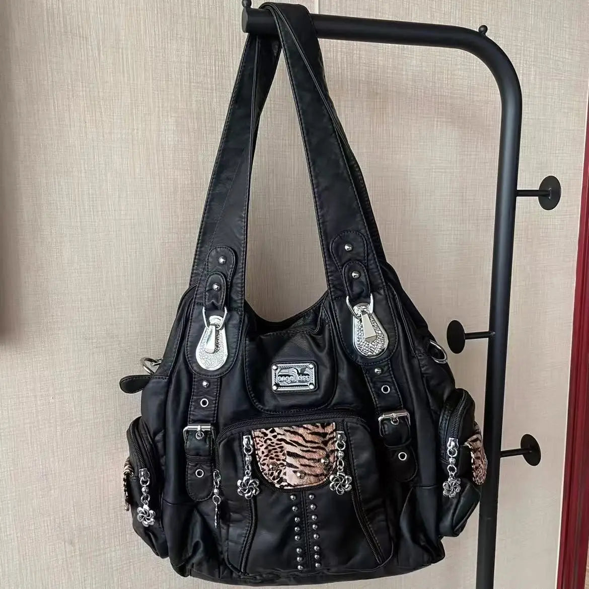 Damen-Schultertasche Leopardenmuster Großes Fassungsvermögen aus PU-Leder mit Reißverschluss