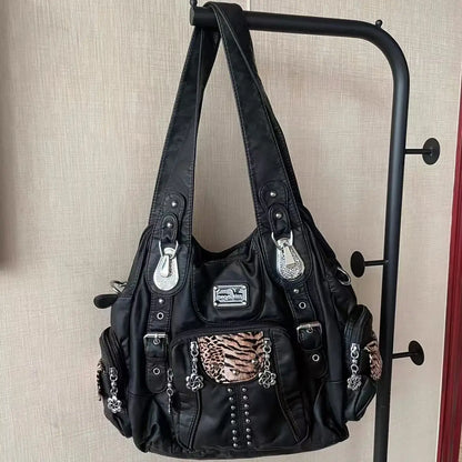 Damen-Schultertasche Leopardenmuster Großes Fassungsvermögen aus PU-Leder mit Reißverschluss