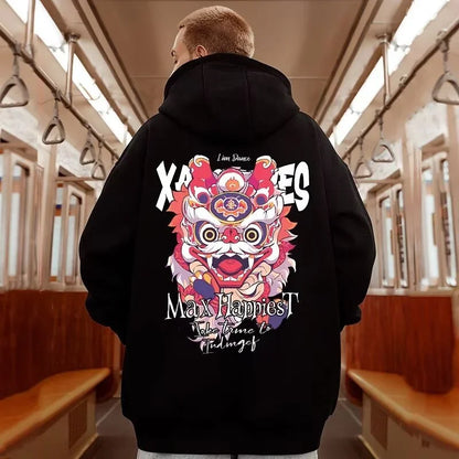 Winter Herren Lion Dance Grafik Pullover Hoodies Y2K Streetwear Fleece Mit Kapuze Sweatshirt Hip Hop Mode Übergroße Hoody Kleidung