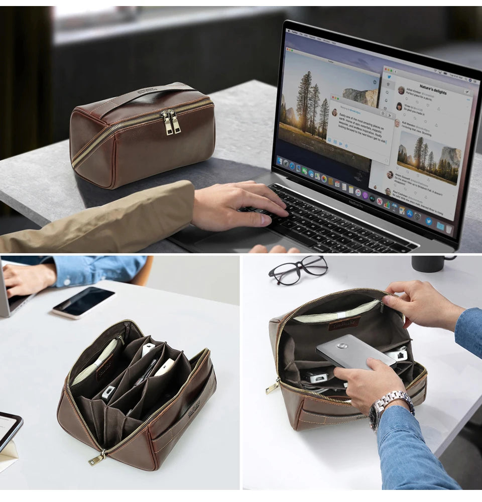 Braune Leder-Reisetasche geöffnet: Kabel, Adapter und Gerätefächer im Innenbereich