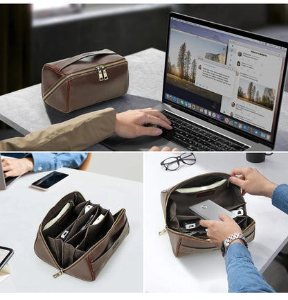 Braune Leder-Reisetasche geöffnet: Kabel, Adapter und Gerätefächer im Innenbereich