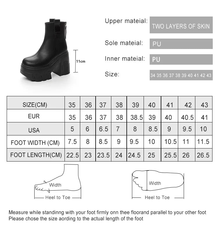 Größentabelle für schwarze Stiefeletten mit Größenangaben (Fußlänge und Breite)