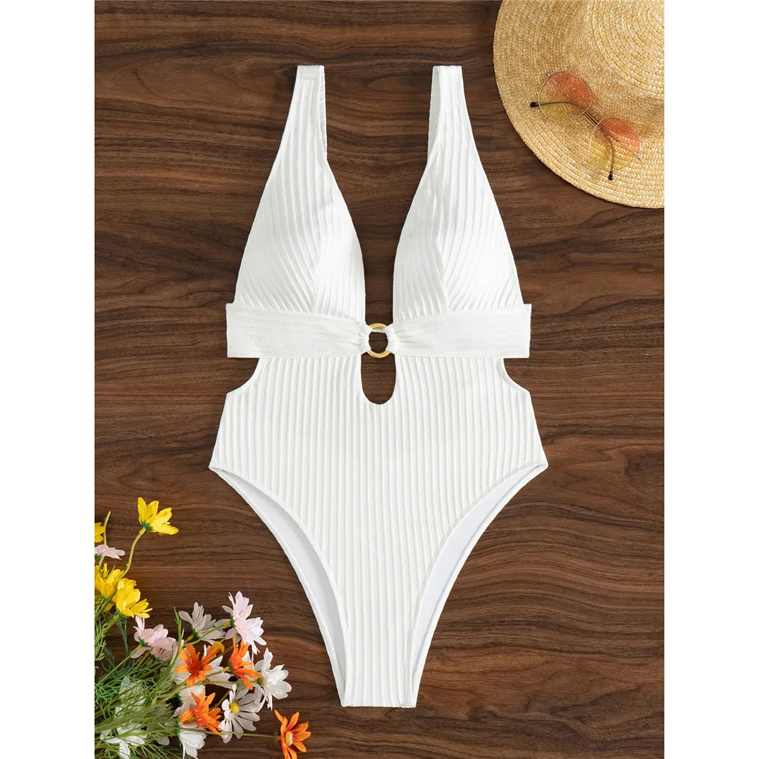 Damen Badeanzug tiefer V-Ausschnitt Cut-Out Monokini hoher Beinausschnitt 8 Farben