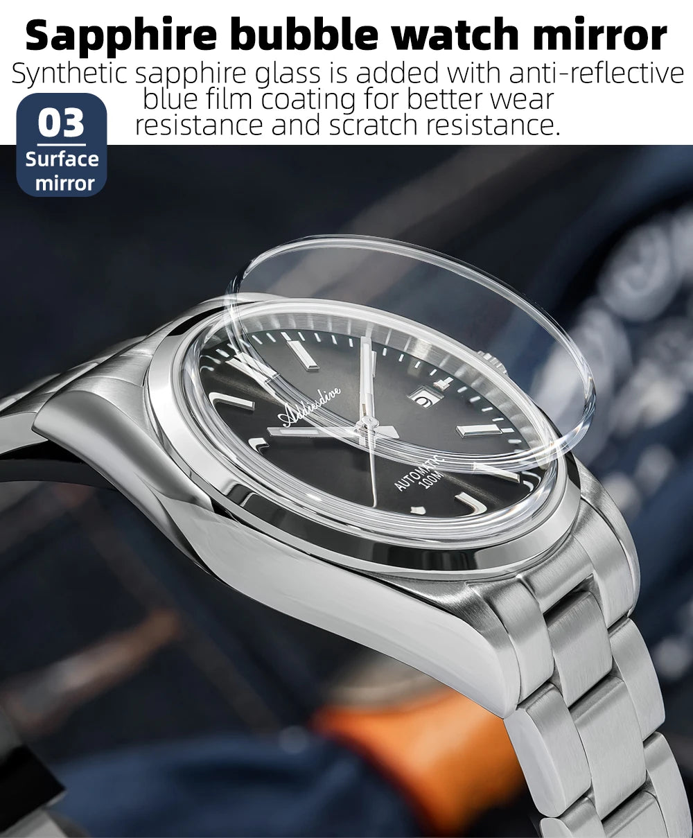 Herren-Vintage-Automatikuhr mit Sunburst-Zifferblatt und gewoelbtem Saphirglas