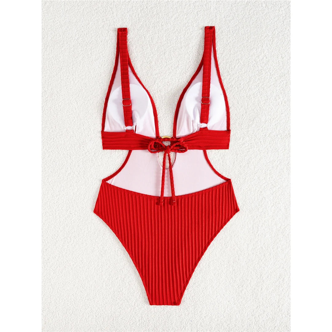 Damen Badeanzug tiefer V-Ausschnitt Cut-Out Monokini hoher Beinausschnitt 8 Farben