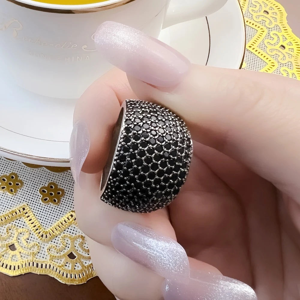Damen-Ring schwarzer Pavé Cocktail Vintage Frühling aus Sterlingsilber