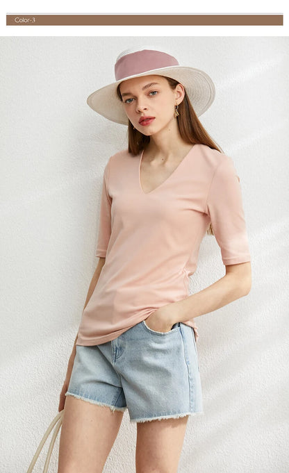 Damen T-Shirt im Minimalismus-Stil mit V-Ausschnitt und halben Ärmeln
