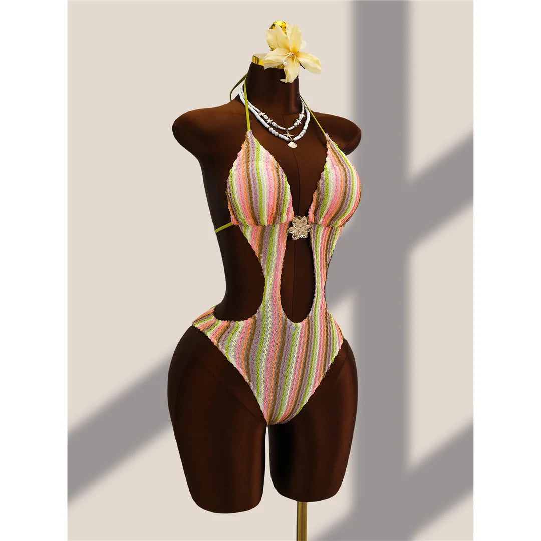 Damen Badeanzug gestreift bunt Neckholder Cut-Out hoher Beinausschnitt Monokini