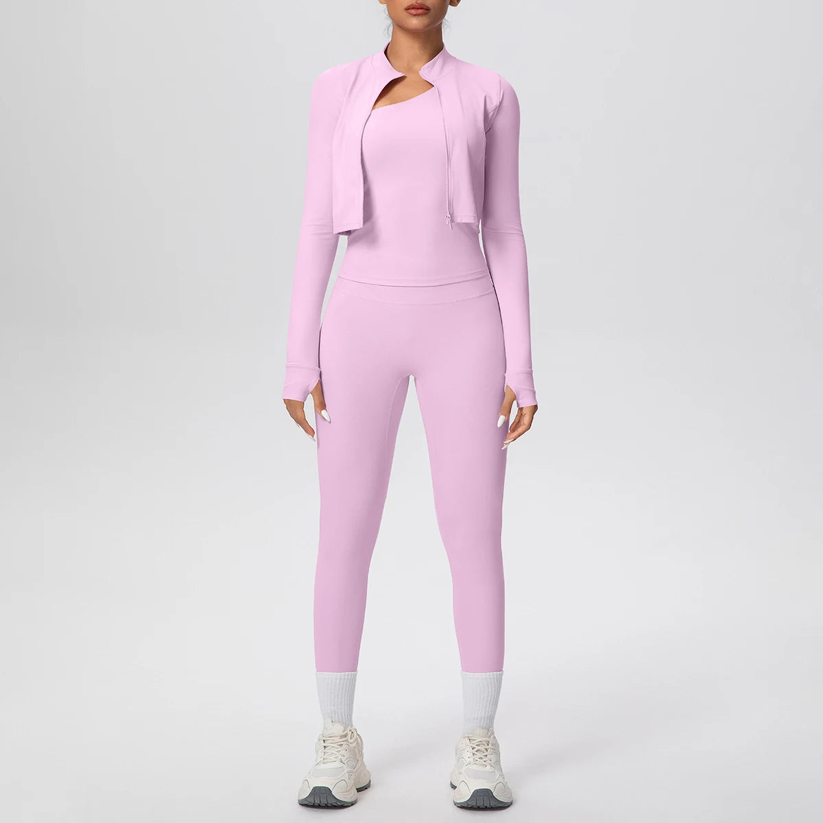 Damen-Yoga-Set in hellrosa: Langarmoberteil mit offener Jacke und Leggings