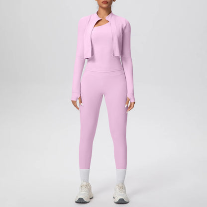 Damen-Yoga-Set in hellrosa: Langarmoberteil mit offener Jacke und Leggings
