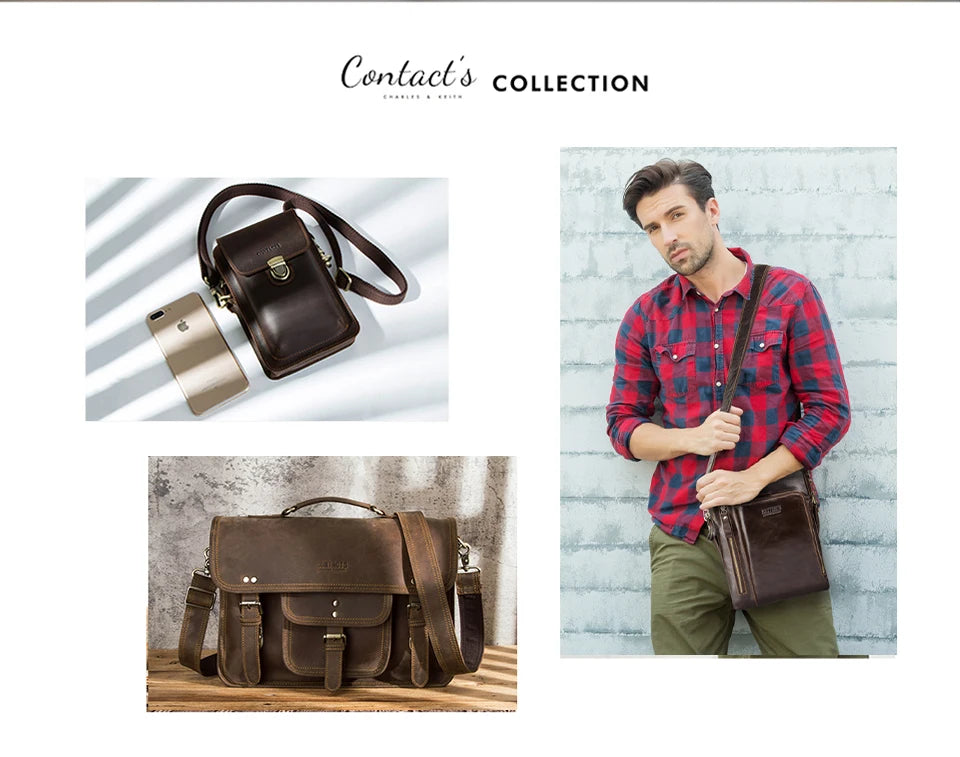 CONTACT'S Herren-Leder-Clutch in Braun mit Schulterriemen und Druckknopf-Verschluss