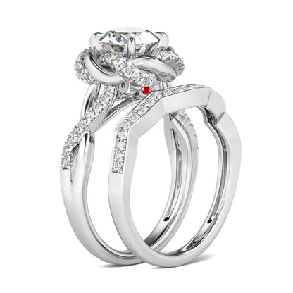 Damen-Ringe-Set aus 925 Sterling Silber mit Moissanit Steinchen und Blüten-Design für Verlobung und Hochzeit