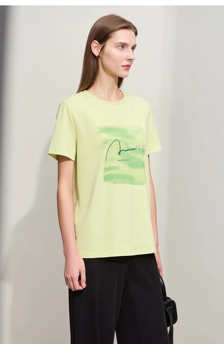 Damen T-Shirts im lässigen Minimalismus-Stil mit O-Ausschnitt und Stickerei