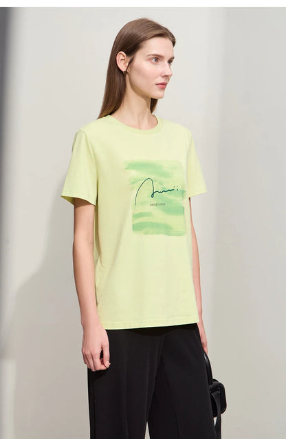 Damen T-Shirts im lässigen Minimalismus-Stil mit O-Ausschnitt und Stickerei