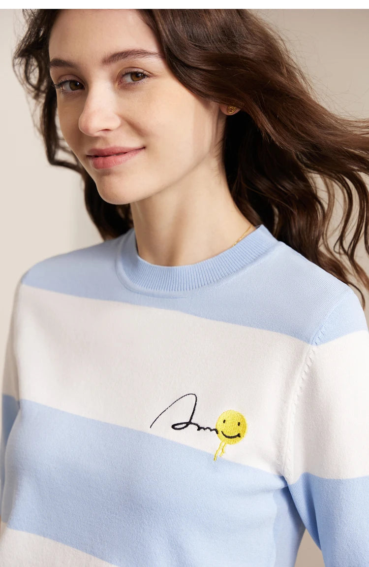 Damen Sommer-T-Shirt im Minimalismus-Stil mit gestreiftem Lächeln-Gesicht