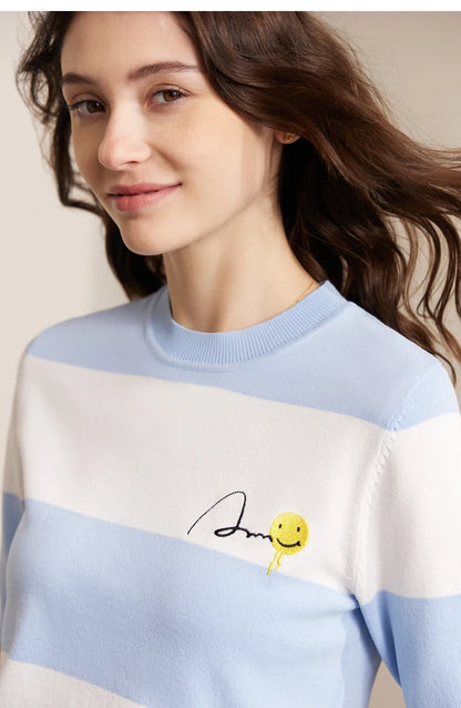 Damen Sommer-T-Shirt im Minimalismus-Stil mit gestreiftem Lächeln-Gesicht