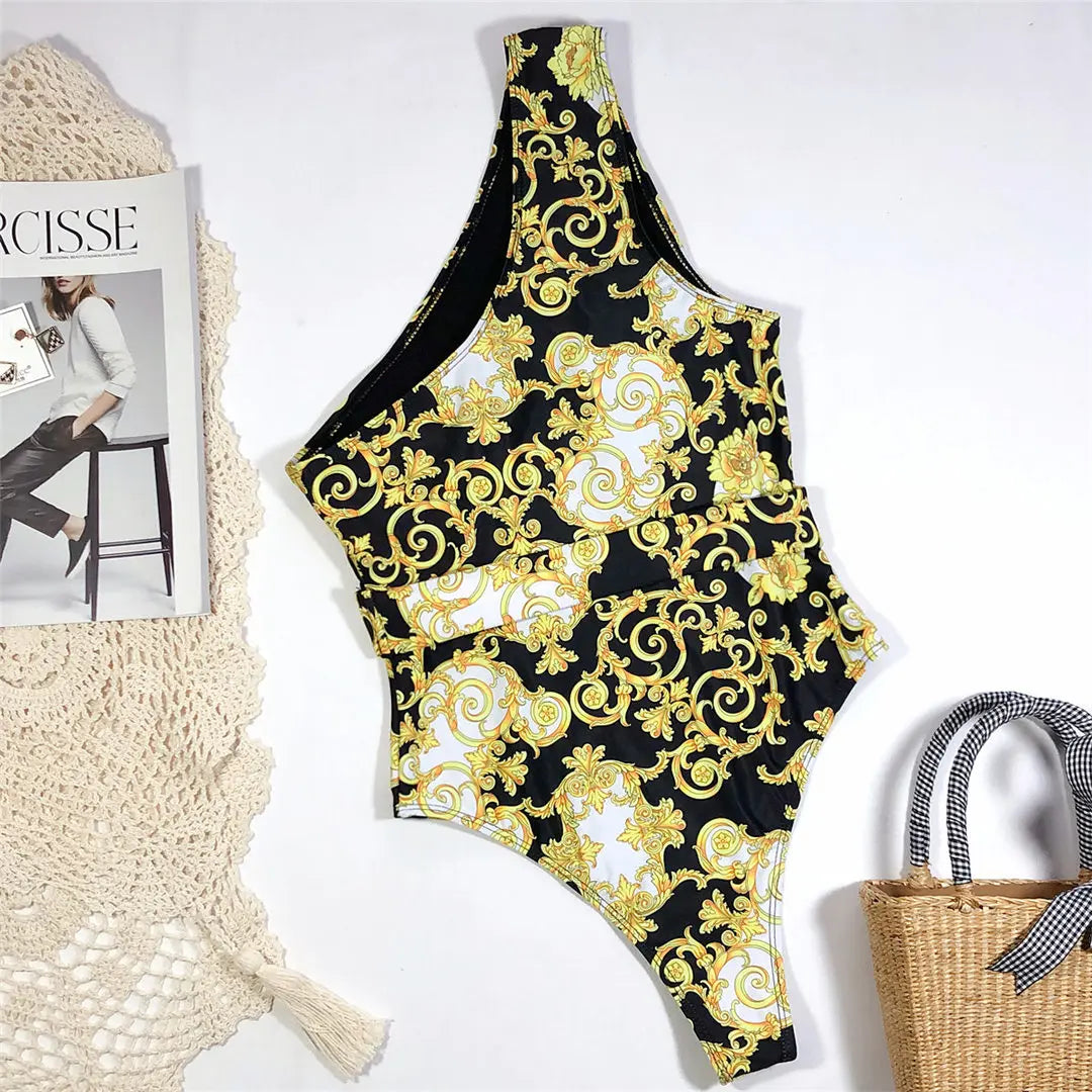 Damen Badeanzug One-Shoulder bedruckt Monokini gepolstert Einteiler